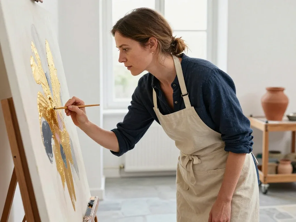 Une artiste française de type européen applique de la dorure dans son atelier d'art.