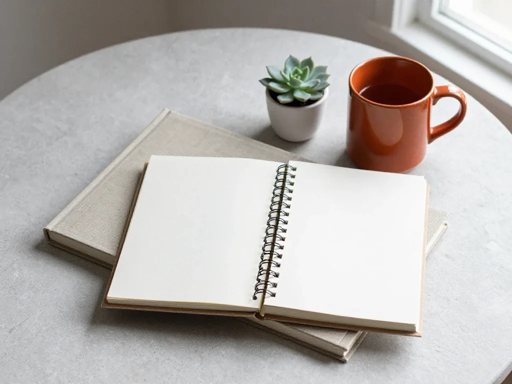 Vue de dessus d'un bureau créatif avec carnets, livres d'art et café chaud.