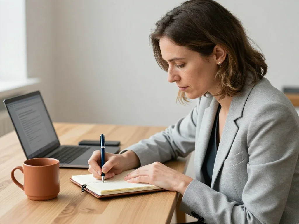Une entrepreneuse française réfléchit à sa stratégie devant son carnet dans un bureau lumineux.